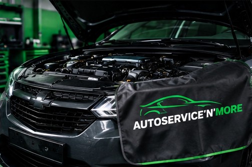 Car in the workshop with its bonnet open and an Auto Service N More branded cover