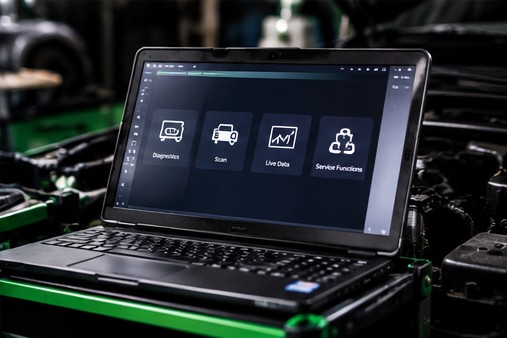 Mechanic running a diagnostic scan on a vehicle