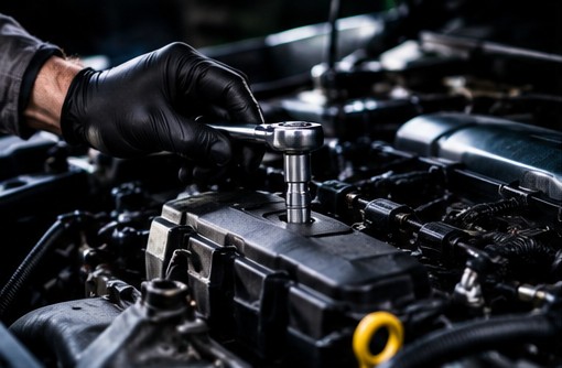 Mechanic carrying out a general mechanical repair on a lifted vehicle